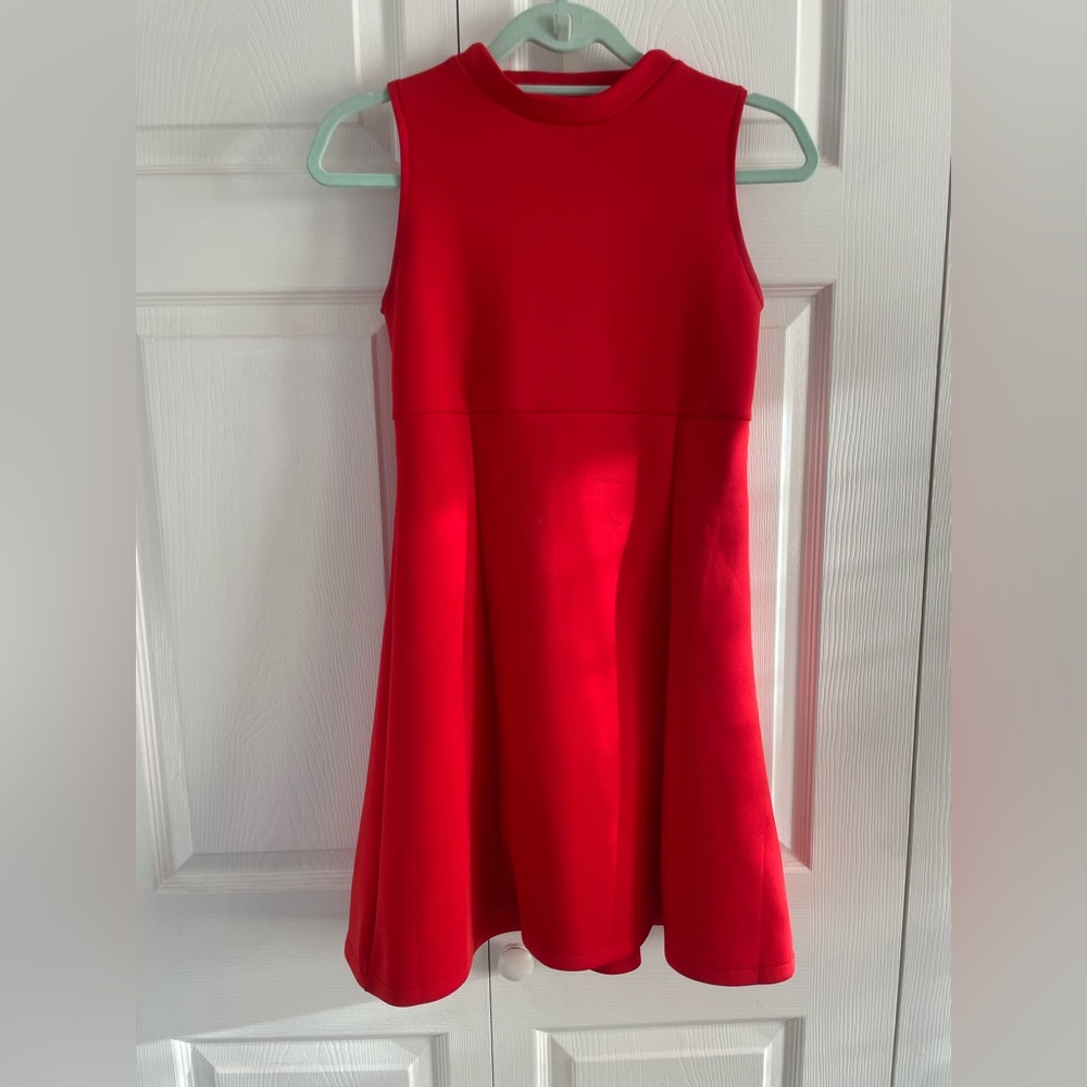 Red, high neck, sleeveless dress